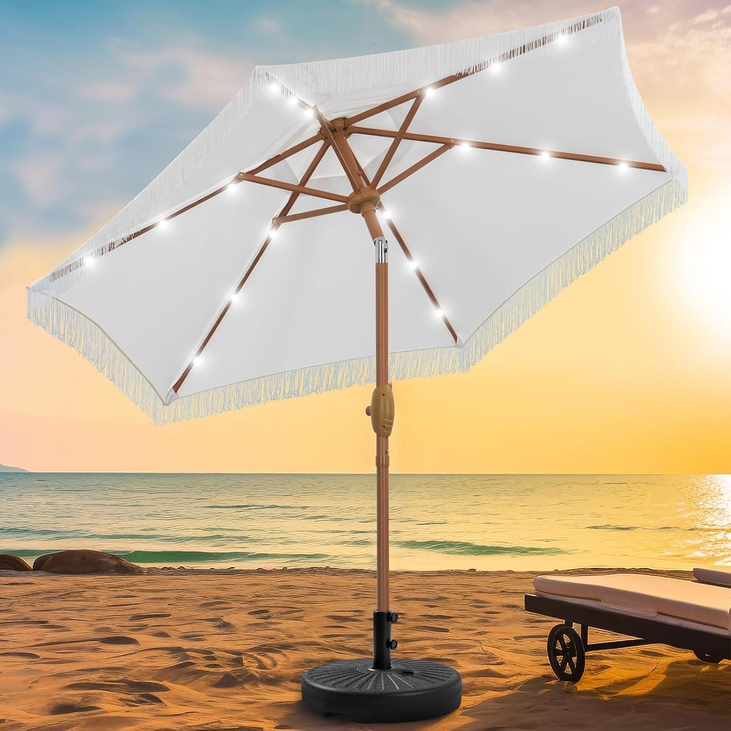 GDY 7.5 ft Fringe Patio Umbrella with LED Lights for Shade