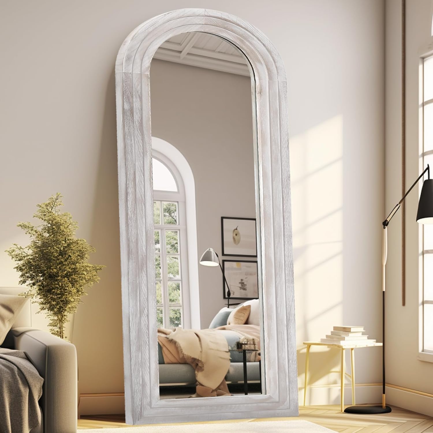 Arched Full Length Mirror with Solid Wood Frame for Home Use