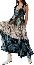 Women Floral Maxi Sundress with Pockets - Smocked Tie Shoulder Boho