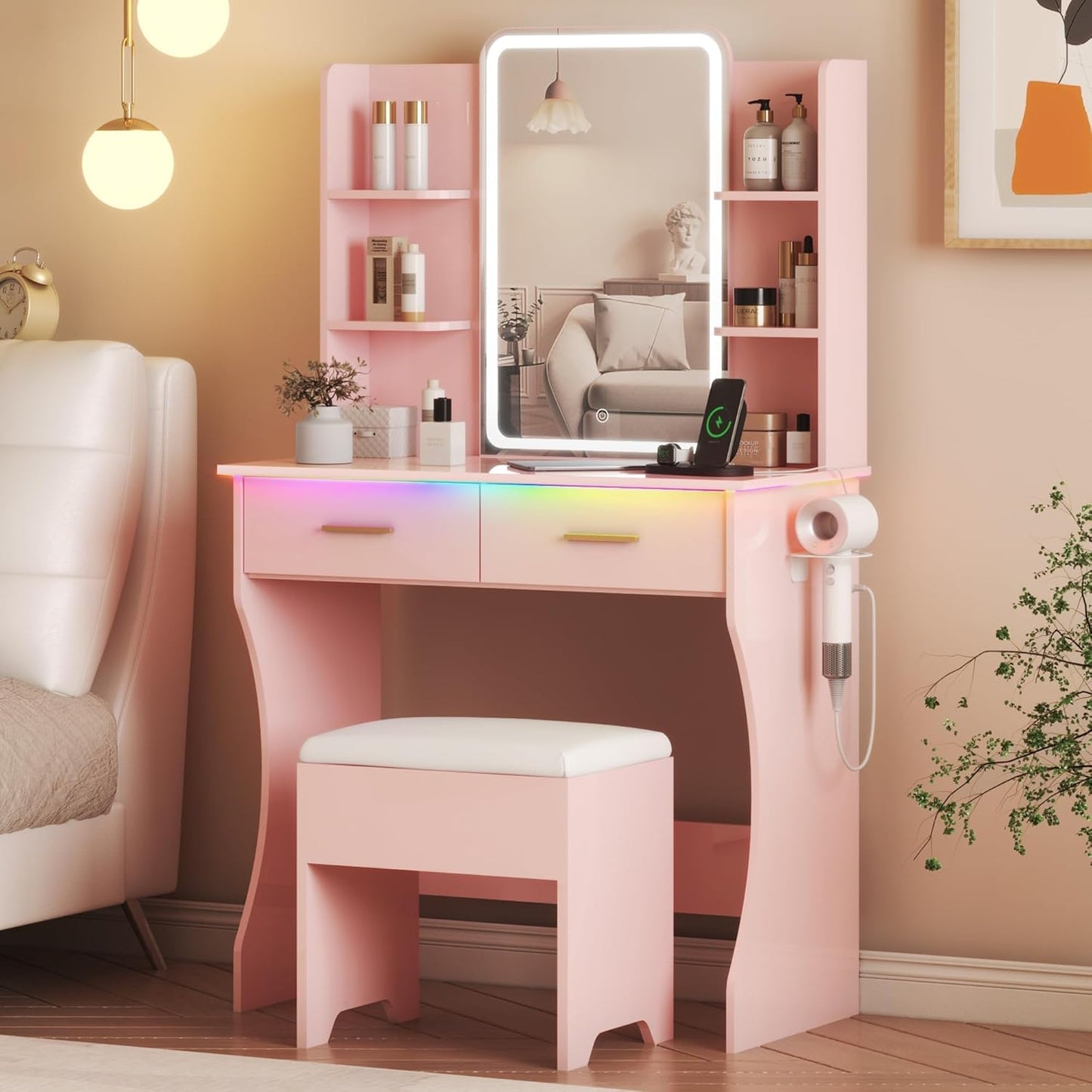 Vanity Desk with LED Lights Mirror & Power Outlet for Makeup