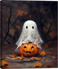 24x36 Cute Ghost on Pumpkin Poster - Vintage Halloween Canvas Print