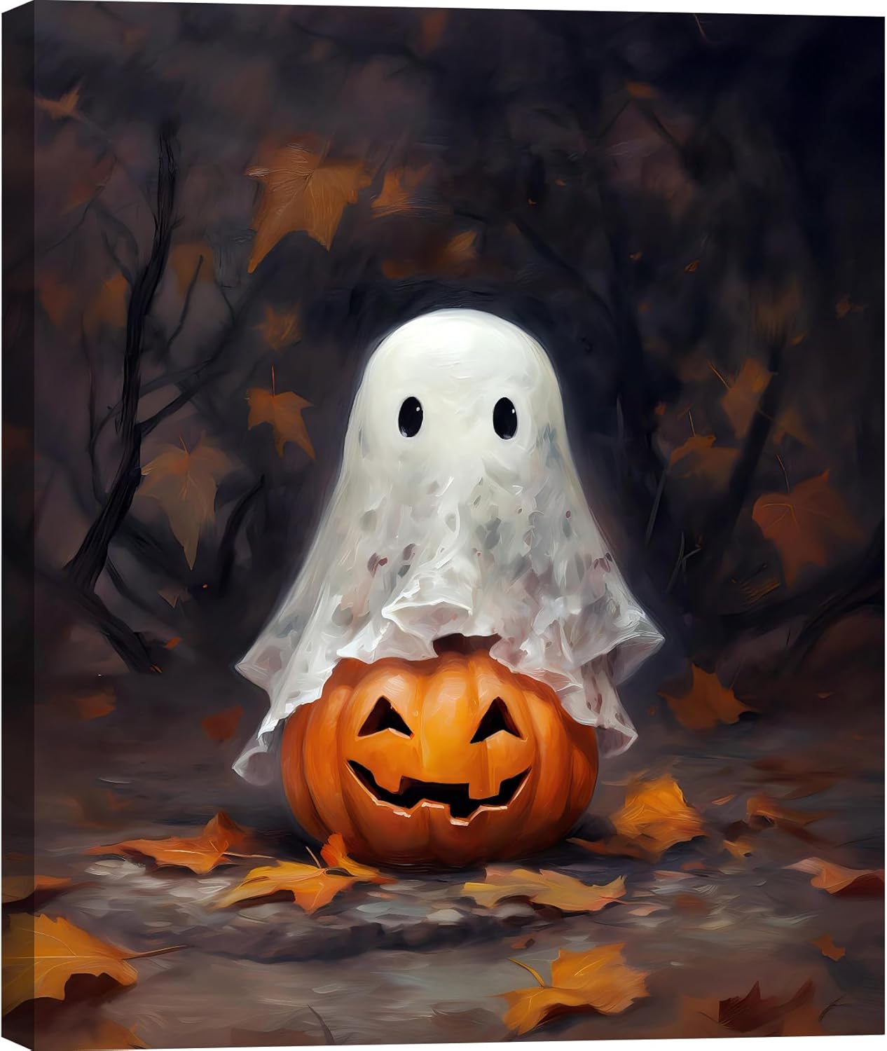 Cute Ghost on Pumpkin Print Poster for Spooky Home Decor