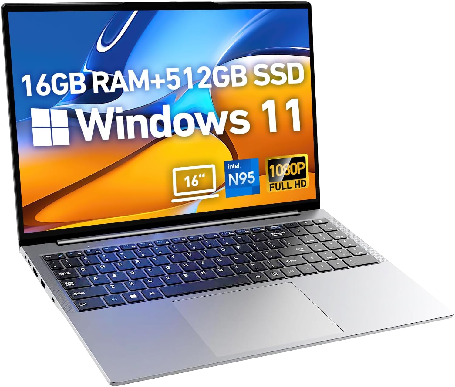 2025 Work Laptop: 16'' Full HD, Win 11, 16GB RAM, 512GB SSD, Intel N95, Backlit KB