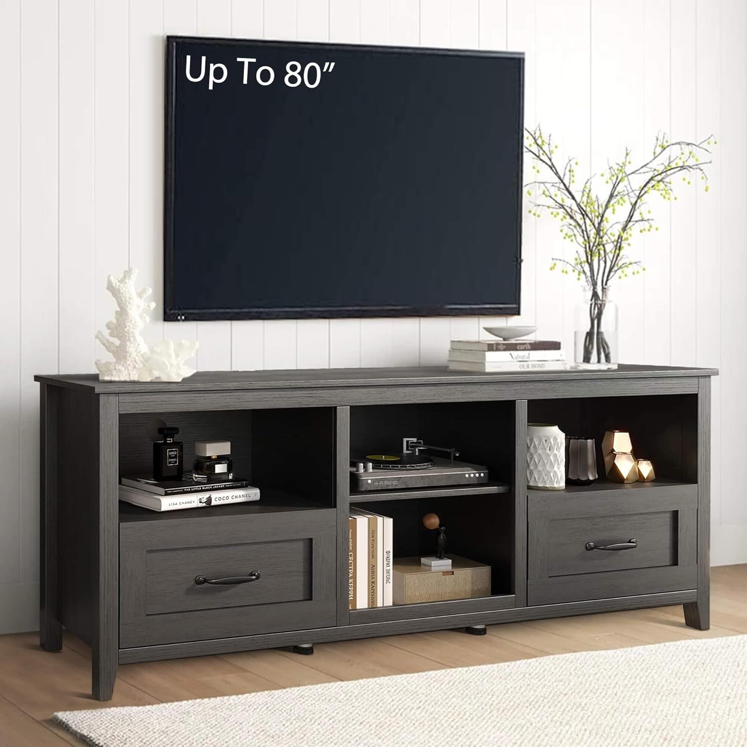 SAINTCY 70 Black TV Stand: Modern Entertainment Center with Drawers