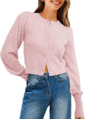Womens Cropped Cardigan Sweater Crew Neck - Puff Sleeve Crop