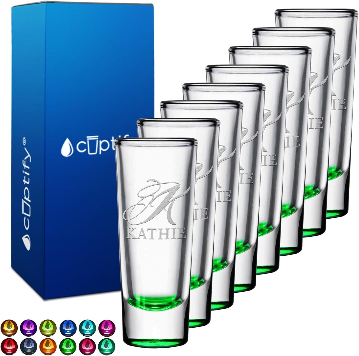 Personalized Shot Glasses Set of 8 with Elegant Green Bottom