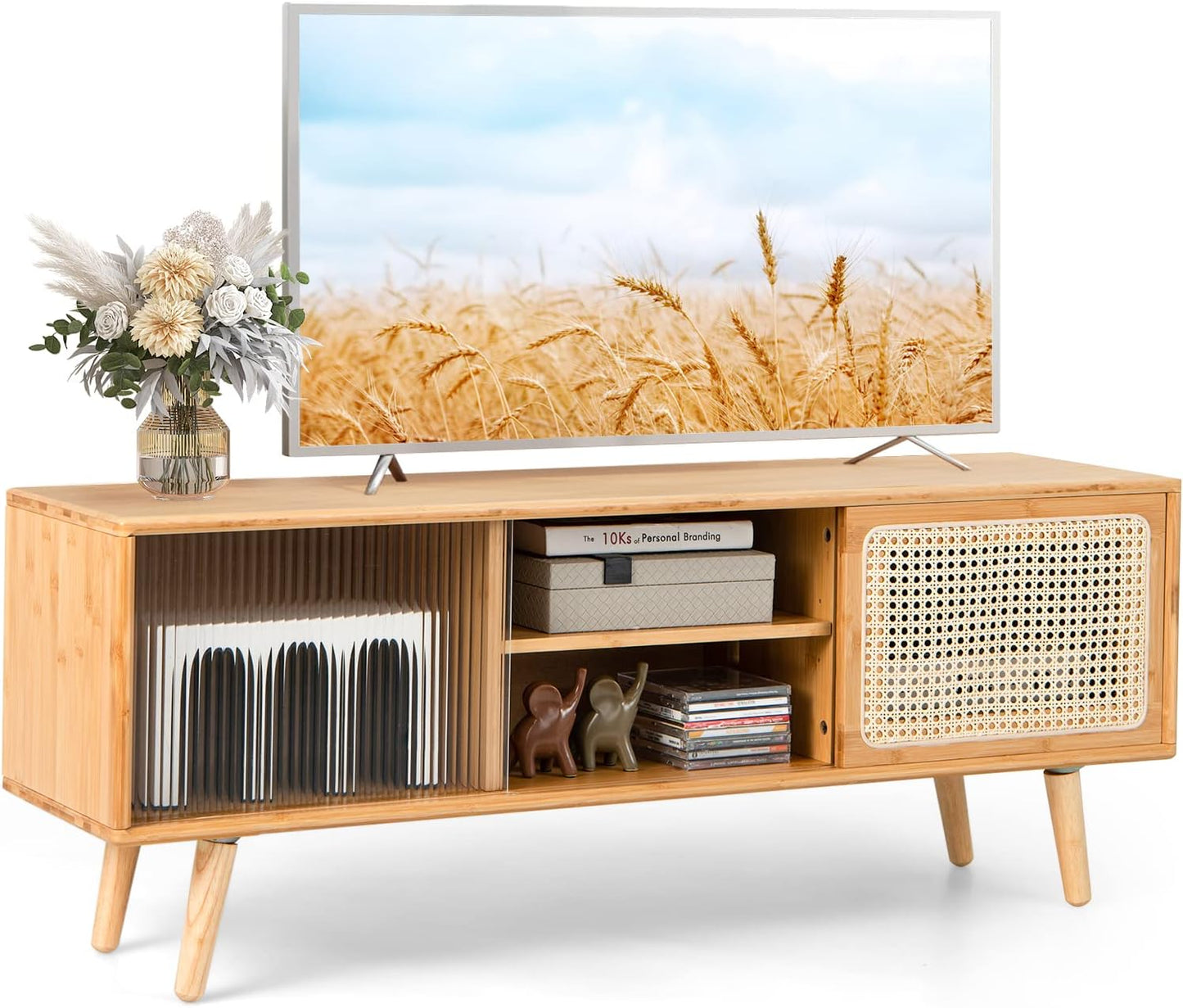Tangkula Bamboo TV Stand w/ Sliding Glass Doors