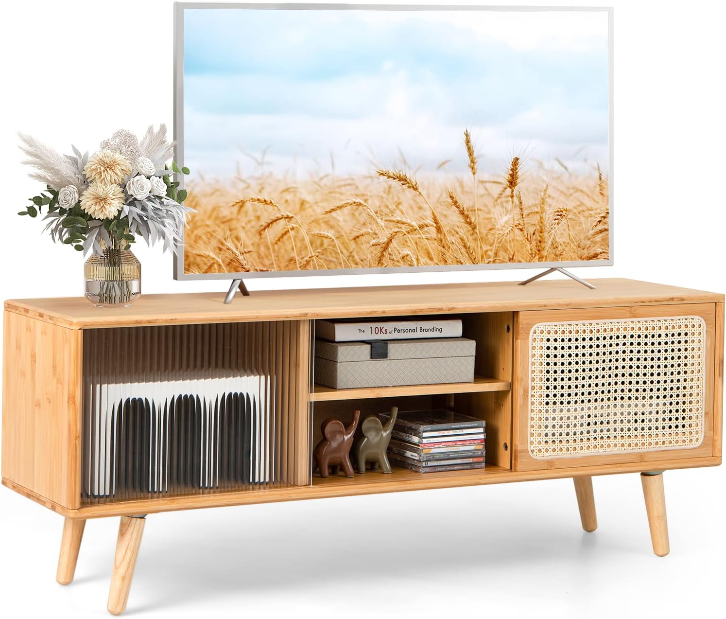 Tangkula Bamboo TV Stand w/ Sliding Glass Doors