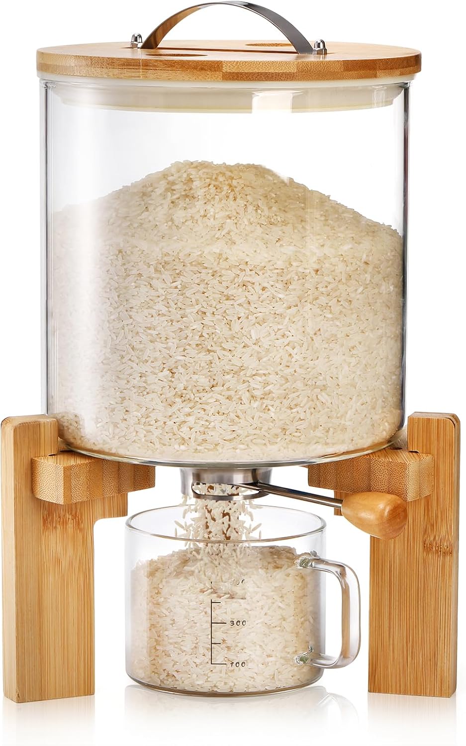 5L Glass Rice Dispenser with Bamboo Stand for Food Storage