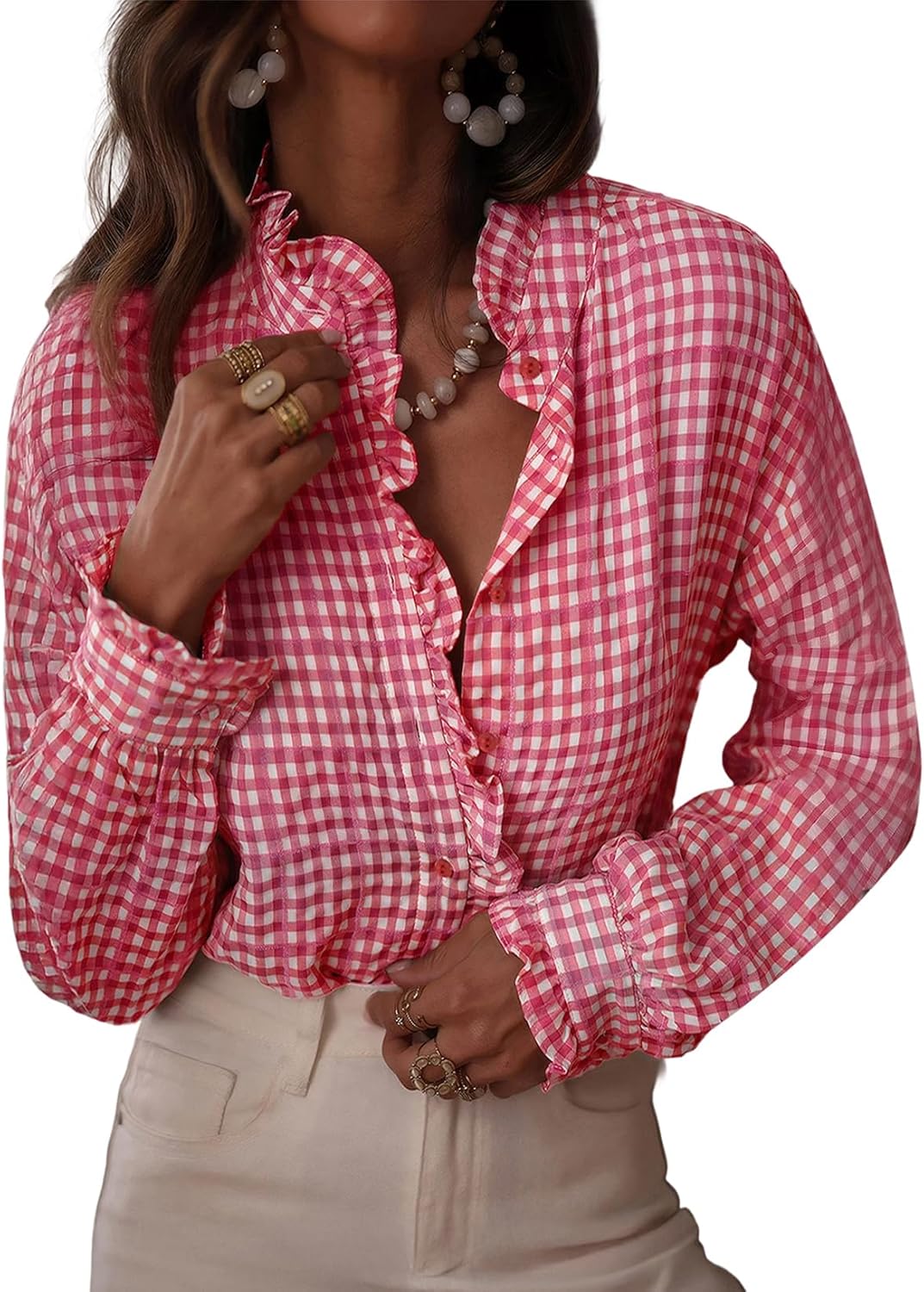Astylish Womens Plaid Ruffle V Neck Blouse for Casual Elegance