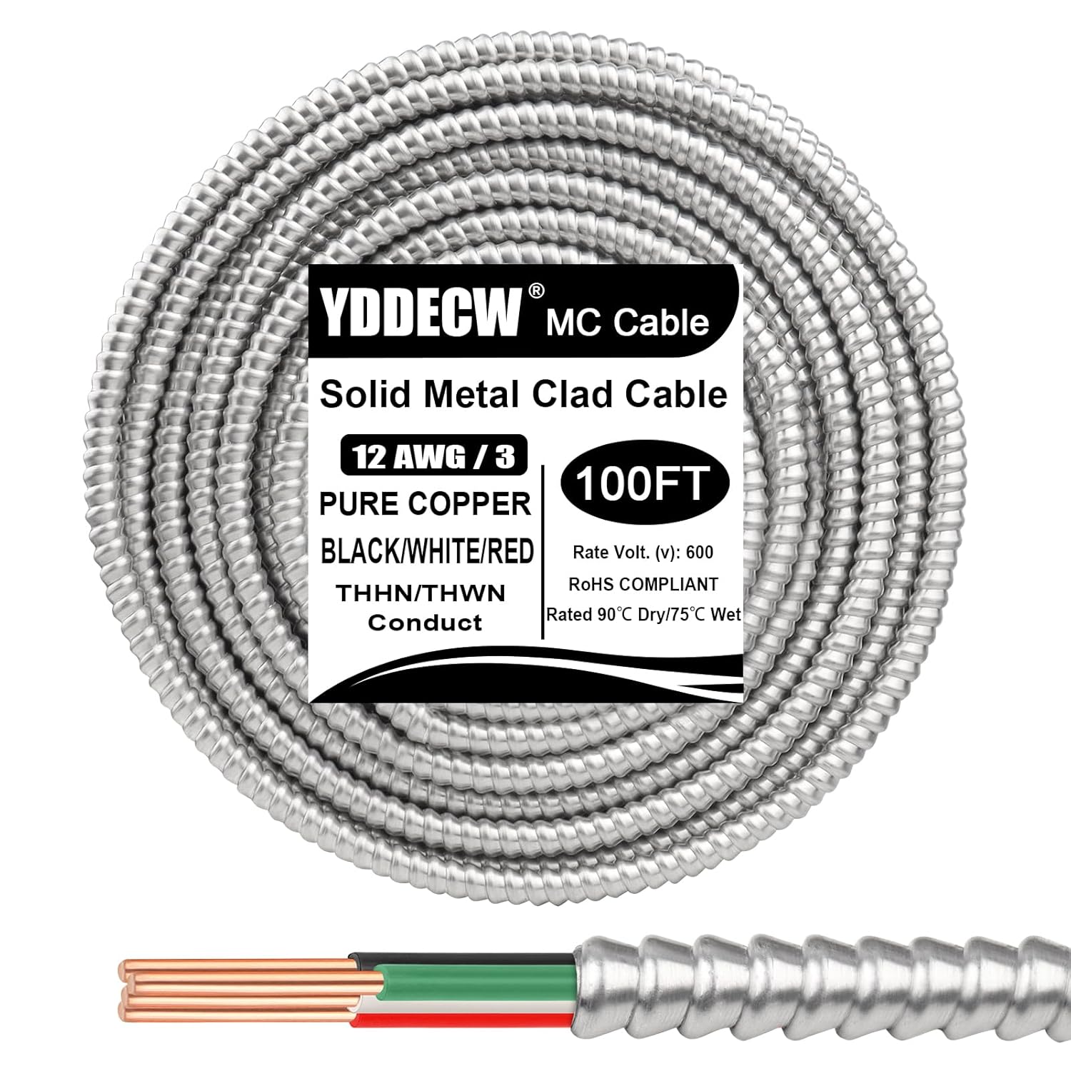 100ft 12/3 Metal Clad Cable with Ground for Heavy Duty Use