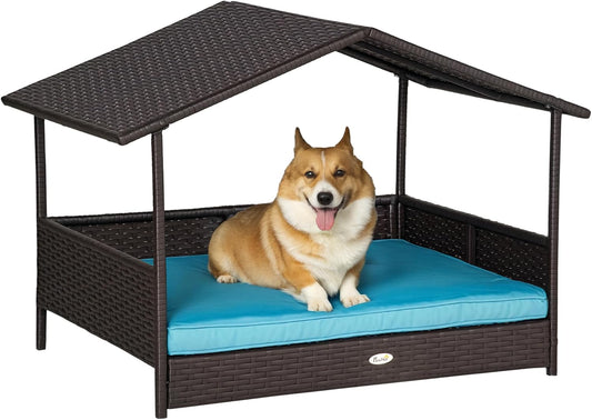 PawHut Wicker Dog House Outdoor with Canopy for Small Breeds