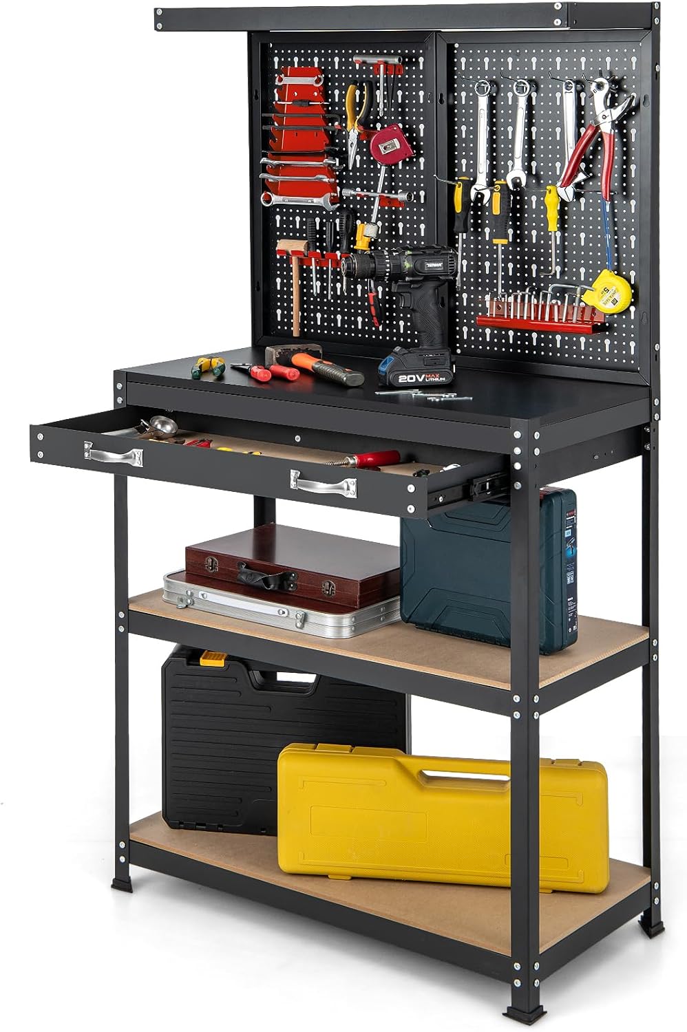 Goplus Workbench with Drawer and Pegboard for Tool Storage