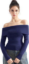 Off Shoulder Ribbed Knit Sweater Top - Flattering Fold-Over Neckline