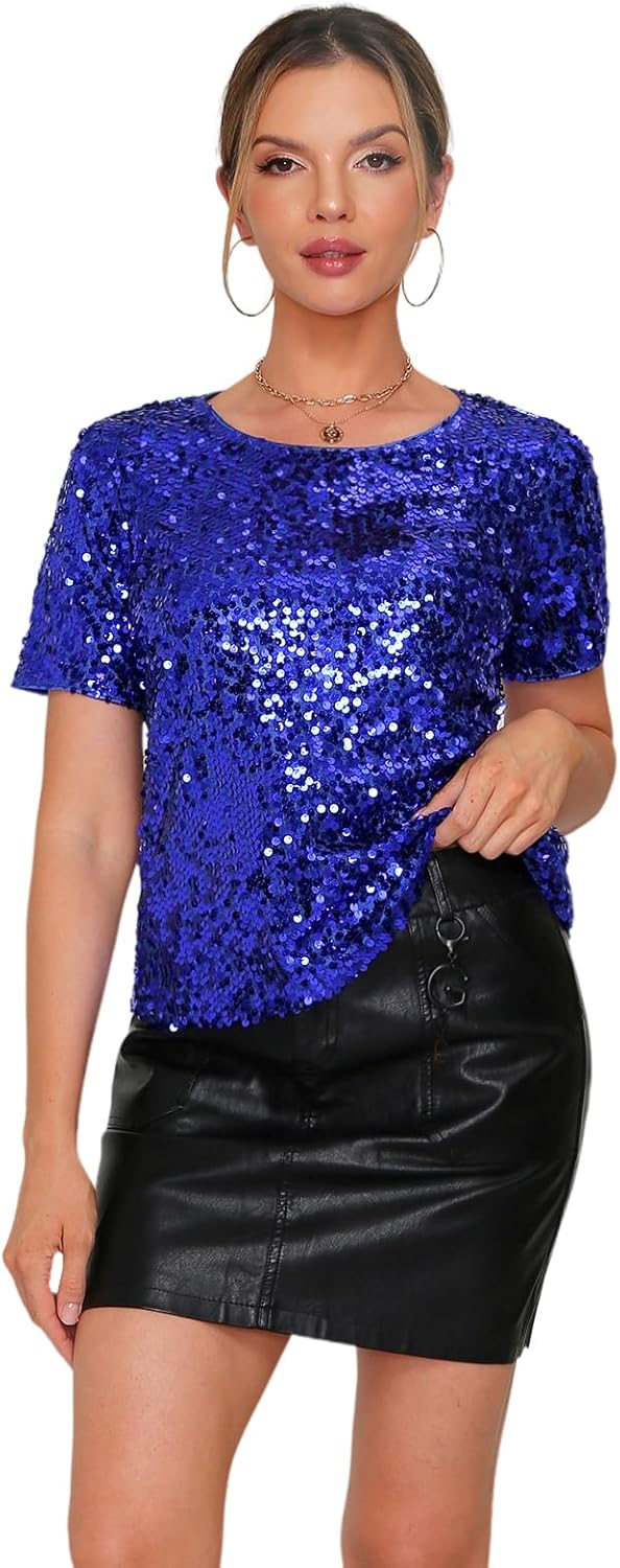 Womens Full Sequin Sparkle Tops for Disco Party and Nights Out