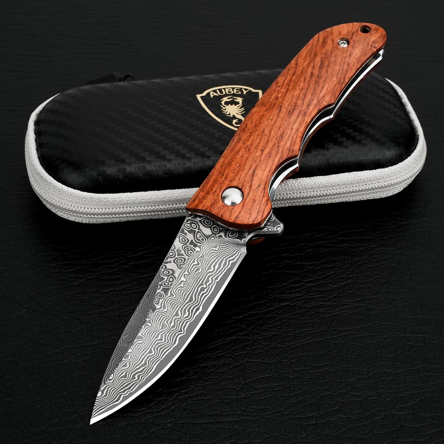 AUBEY Damascus Pocket Knife with VG10 Core for Outdoor Use