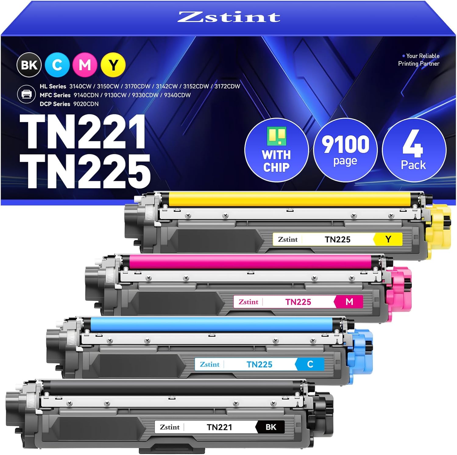 TN221 TN225 Toner Cartridge 4-Pack for Brother Printers