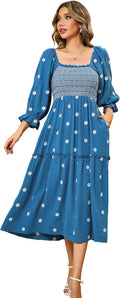 R.Vivimos Cotton Boho Midi Dress - Flowy Floral Embroidered Fit