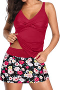 Red Flowers Womens Tankini Two Piece Skirted Swimsuit - Tummy Control