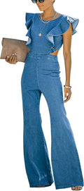 Womens Flared Denim Overalls Jumpsuit Ruffle Sleeves - Blue Jean