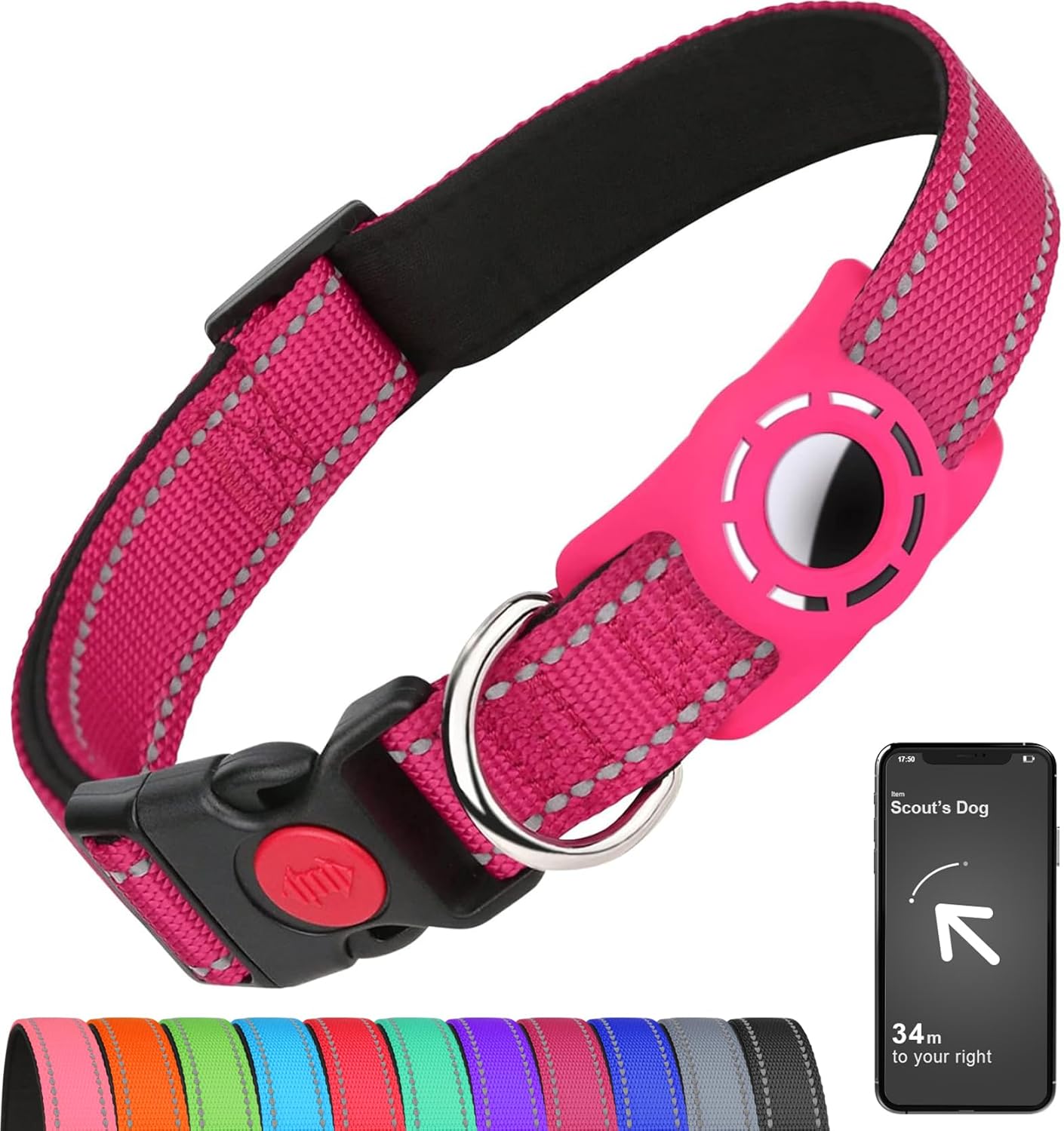 Reflective Nylon Dog Collar with AirTag Holder - Medium Dogs