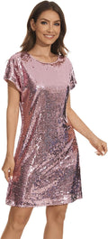Women's Crewneck Sequin Shift Dress Short Sleeve (Style 7PVN)