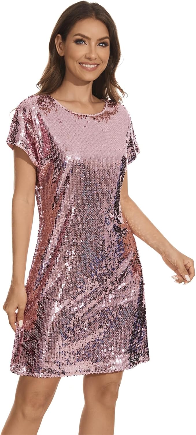 Women's Crewneck Sequin Shift Dress for Casual Holiday Parties