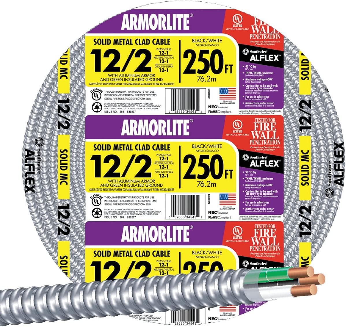 Southwire 250 ft 12/2 Solid CU MC Lite Cable for Versatile Use