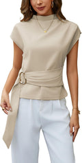 Trendy Summer Blouse with Stand Collar and Chic Buckle Tie