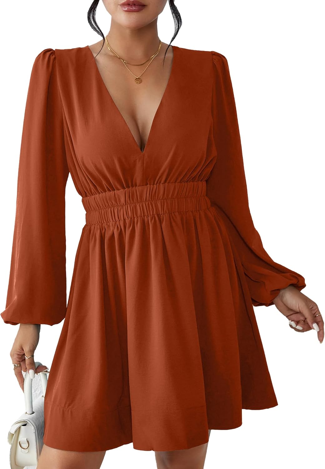 Mini Deep V Sexy Long Sleeve Dress for Women - Flowy A-line