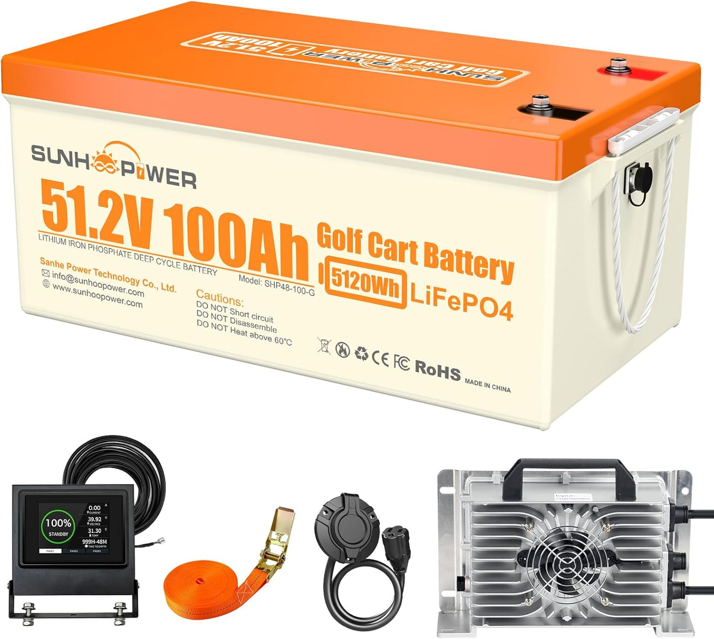 SUNHOOPOWER 48V 100Ah Bluetooth Golf Cart Battery