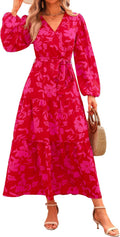 PRETTYGARDEN Womens Long Sleeve Wrap Ruffle Floral Maxi Dress - Flowy