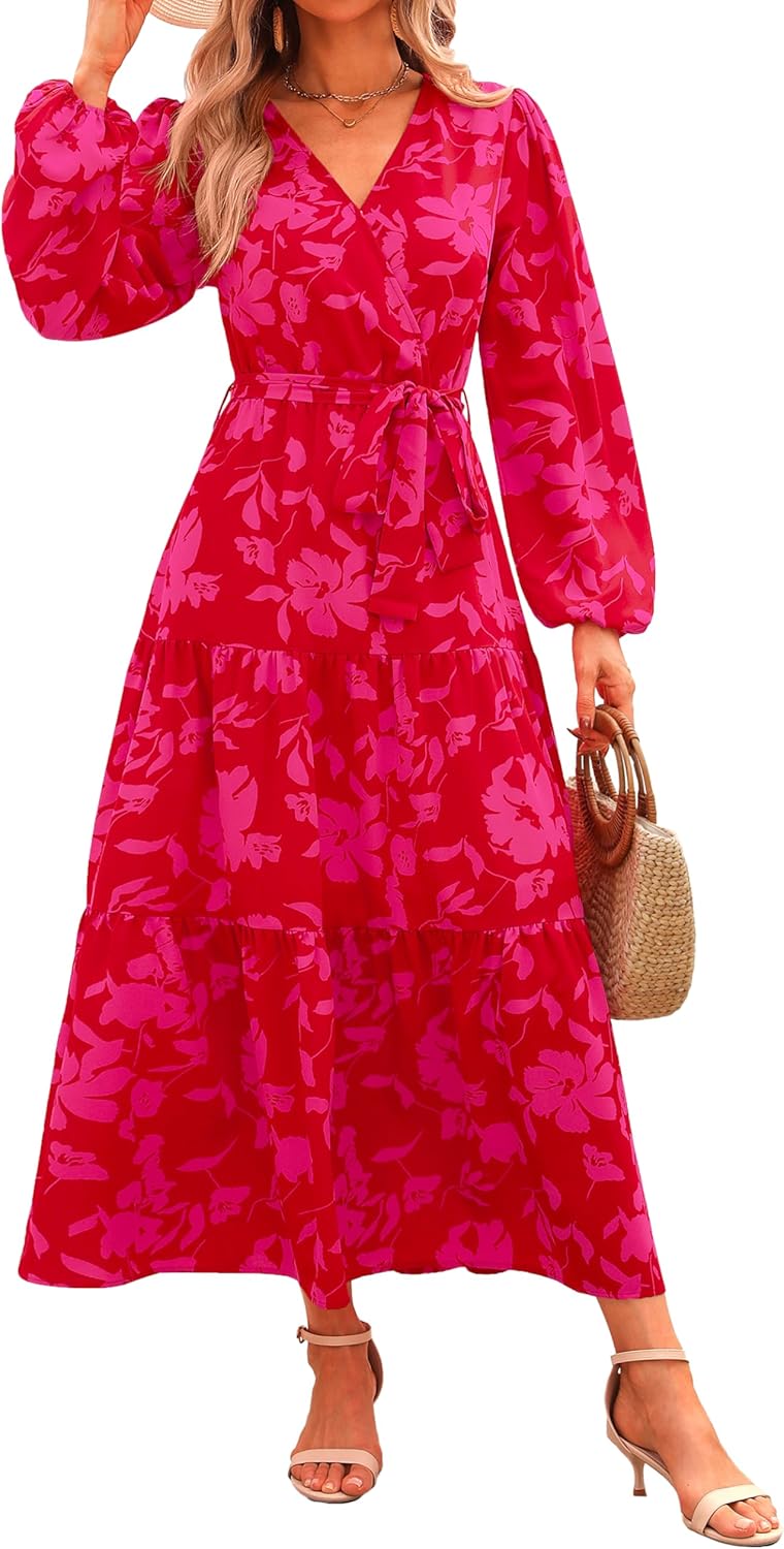 PRETTYGARDEN Womens Long Sleeve Wrap V Neck Floral Maxi Dress