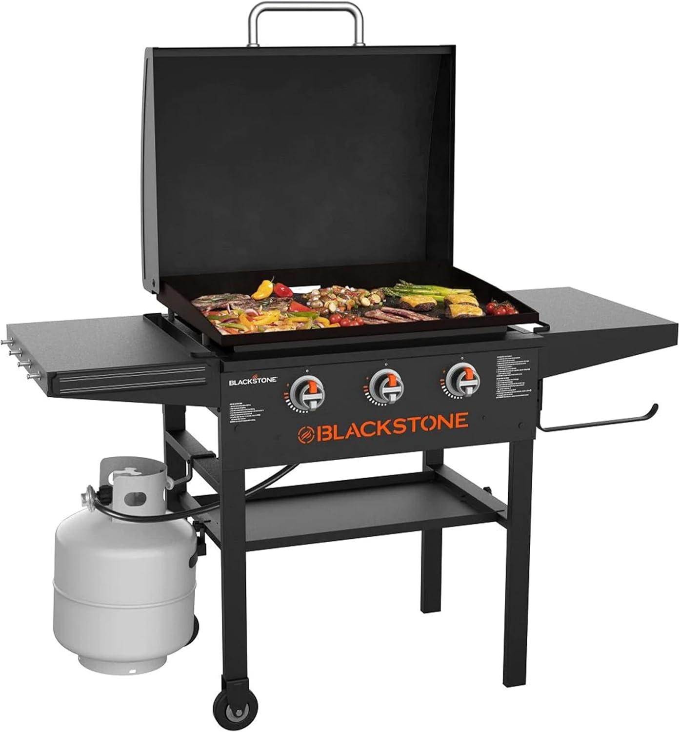 28 Inch Outdoor Flat Top Grill with Dual Side Shelves and Hood