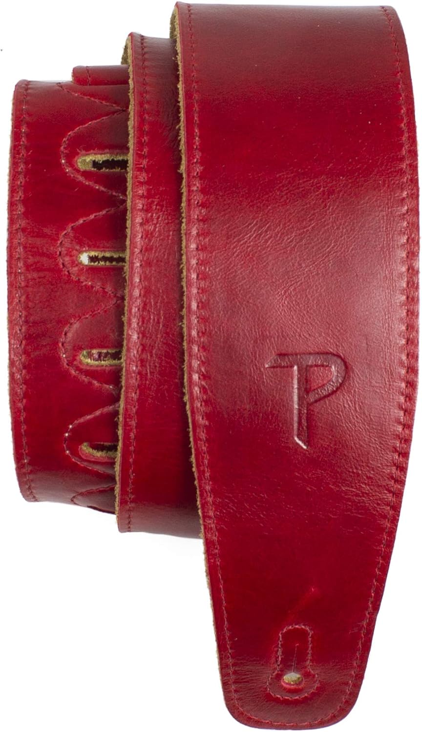 P Perri's Cherry Red Leather Guitar Strap: Anti-Slip & Adjustable