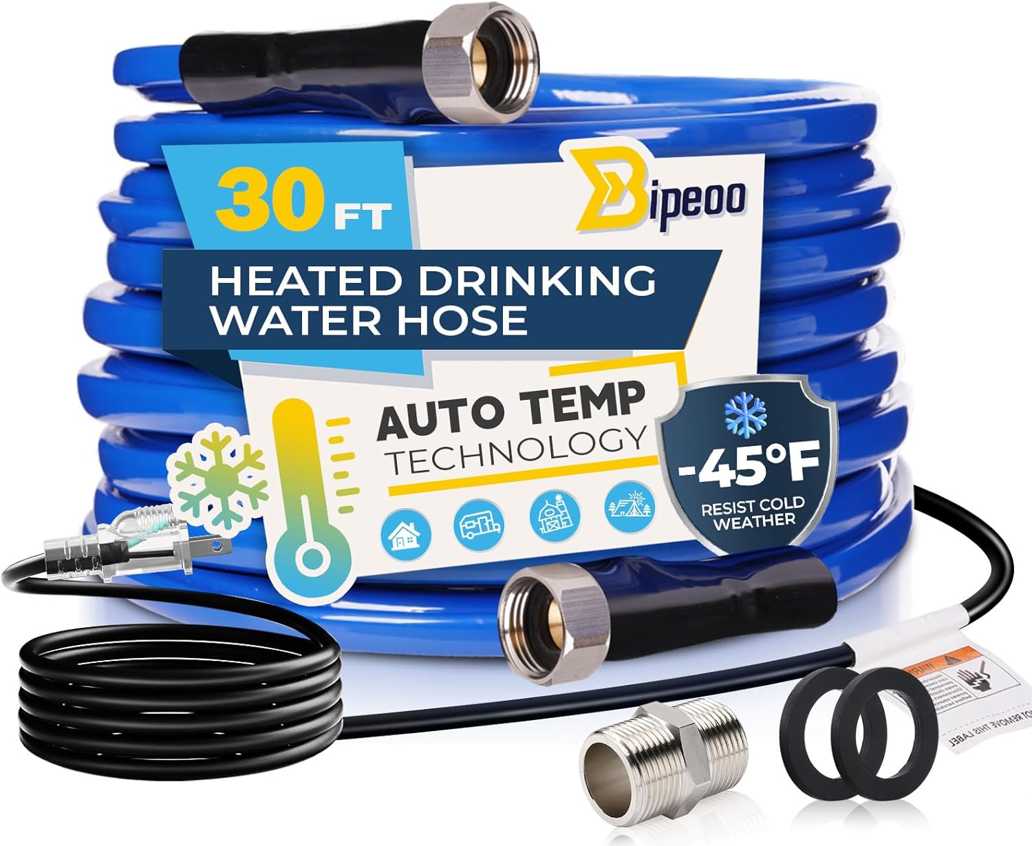30FT Heated Water Hose for RV - Antifreeze to -45F for Safety
