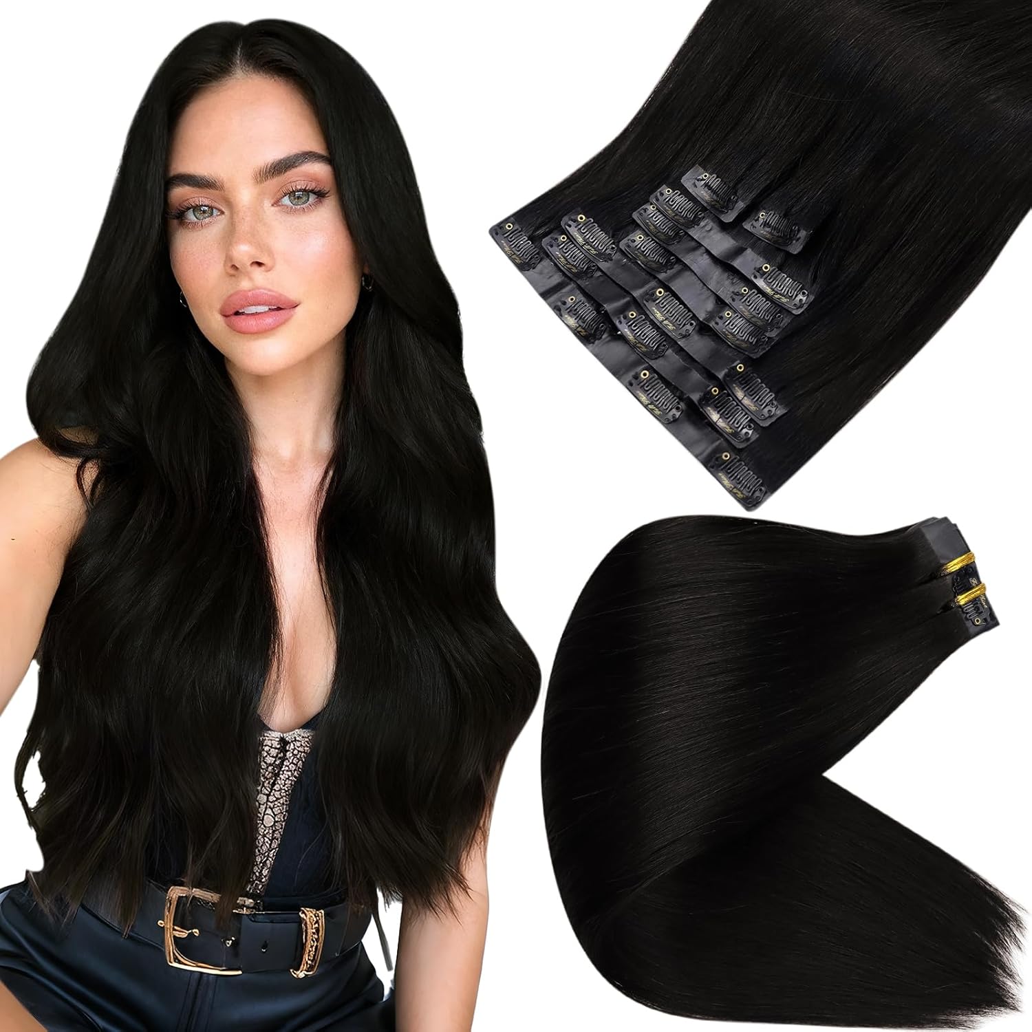 Full Shine 18 Inch Black Clip in Hair Extensions for Volume