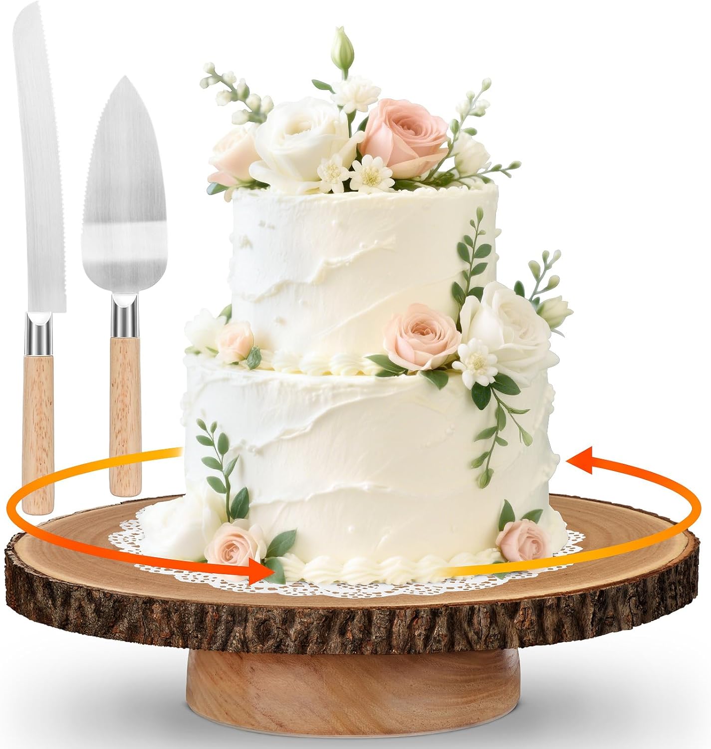 Rotating Cake Stand 12in Wood with Cutting Set for Events