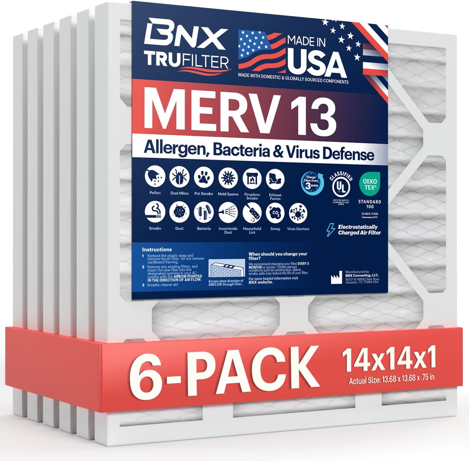6-Pack BNX TruFilter 14x14x1 Air Filters - MERV 13 - USA Made - Cleaner Air for Allergies & More!