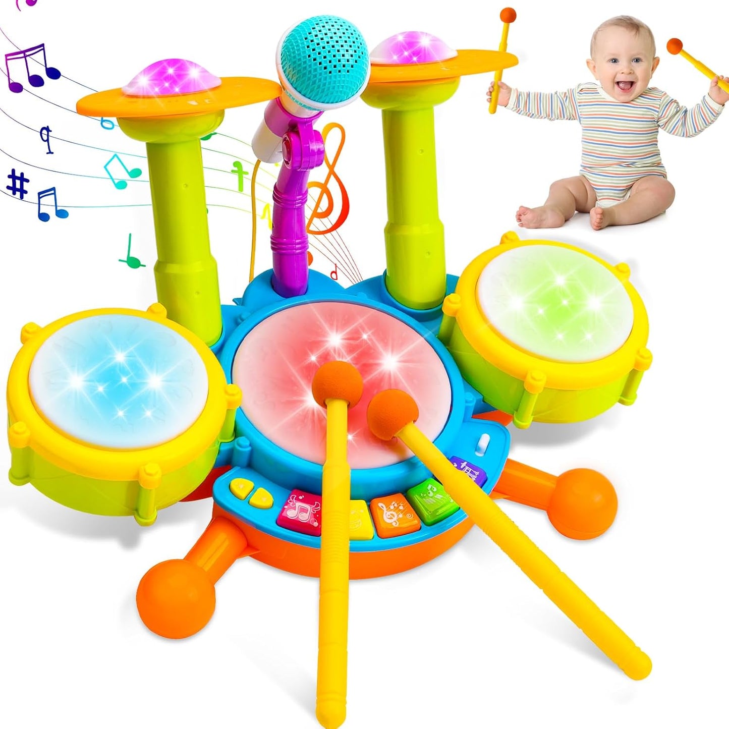 Kids Drum Set for Toddlers 1-3 with Microphone and Lights