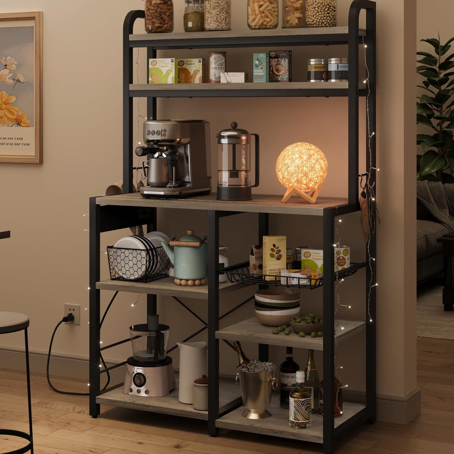 6-Tier Rustic Microwave Stand with Outlet - Organize in Style