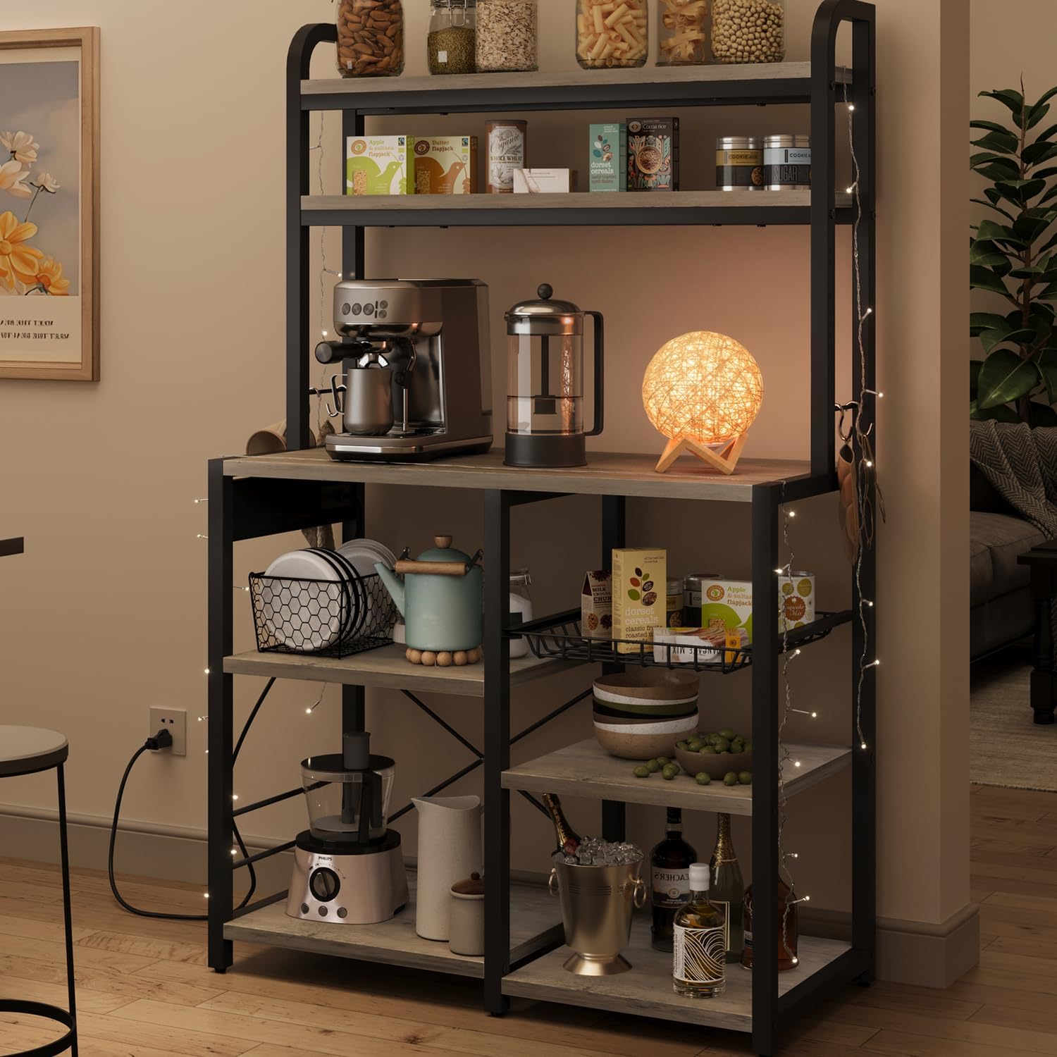 6-Tier Rustic Microwave Stand with Outlet - Organize in Style