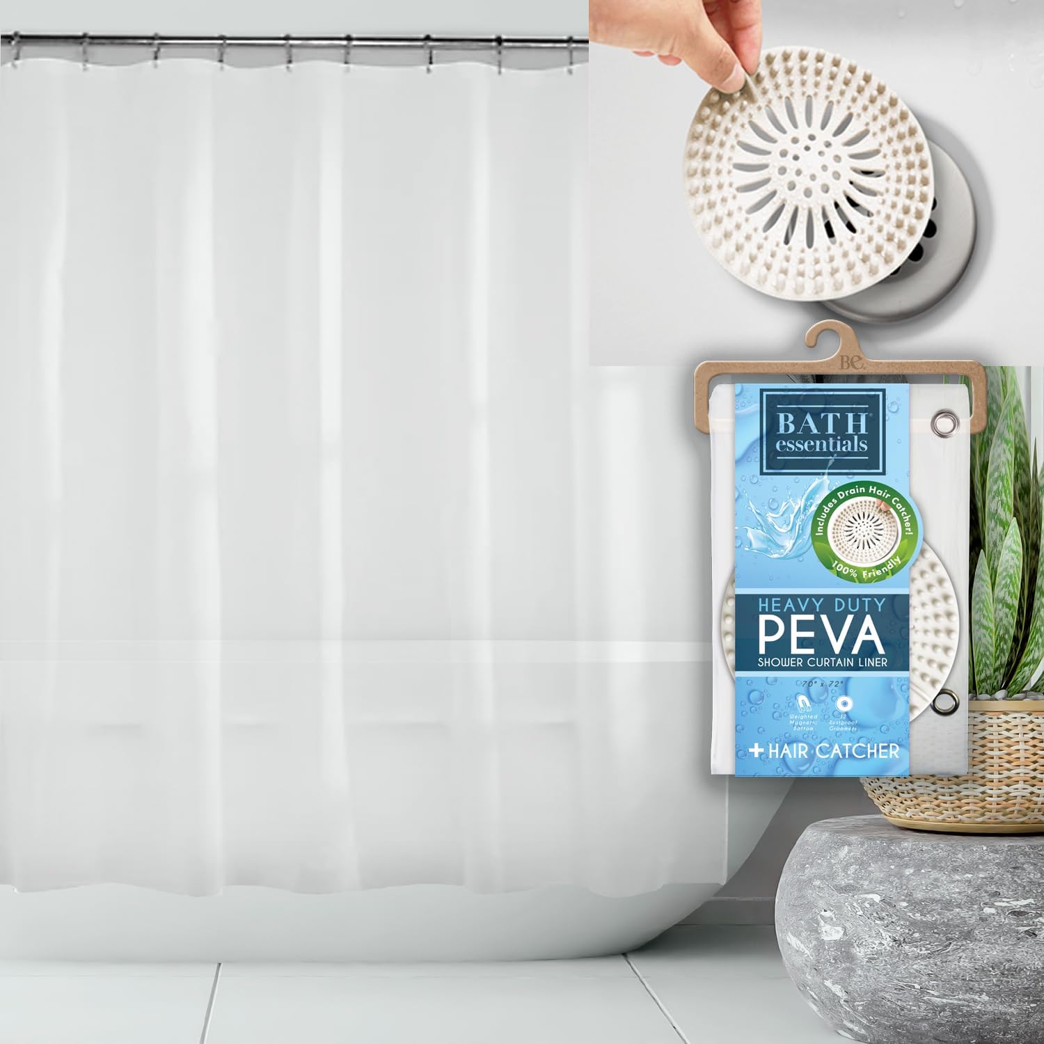 Shower Essentials Combo: PEVA Liner + Drain Hair Catcher - Easy Install & Clean