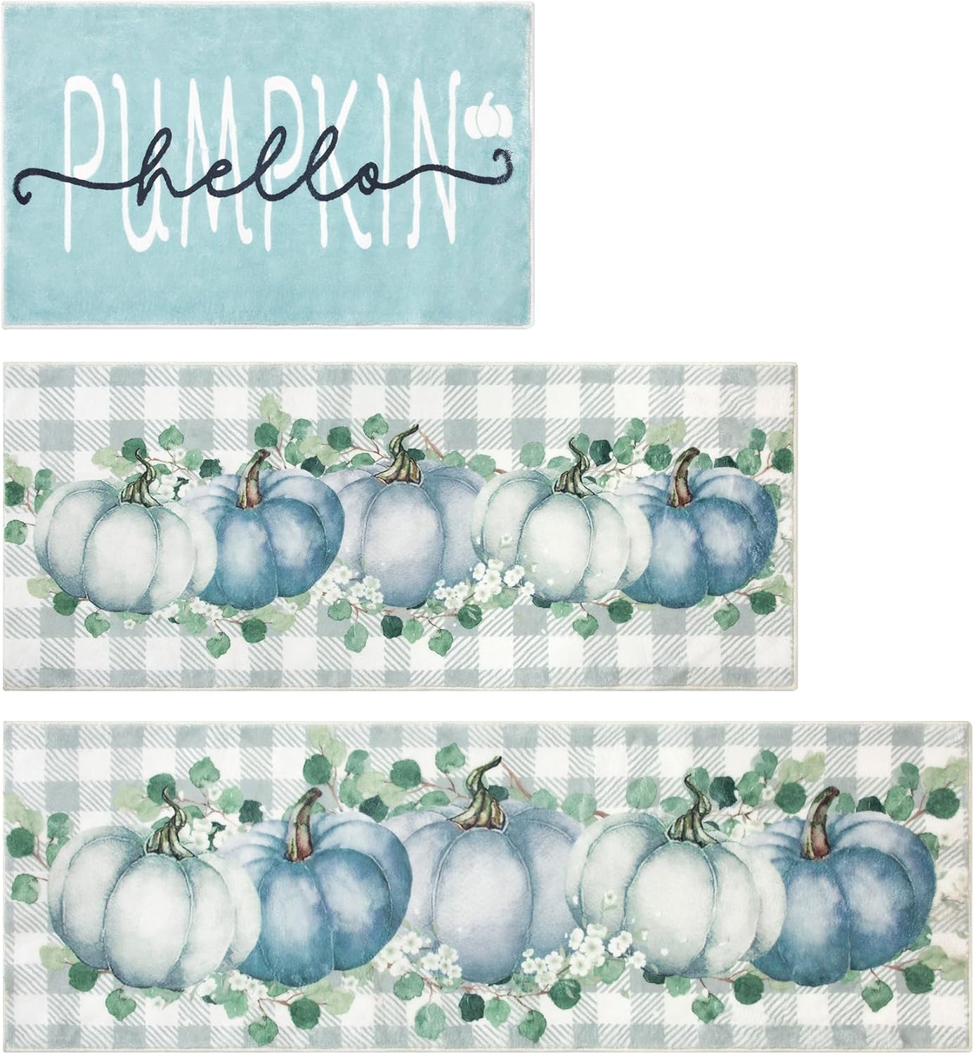 Fall Kitchen Rugs Sets of 3 Non Slip Washable Blue Pumpkin Mats