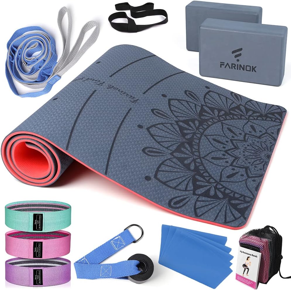 FARINOK Yoga Kit for Beginners | 1/3 Thick Mat, Multi-Loop Strap, Blocks & Resistance Bands