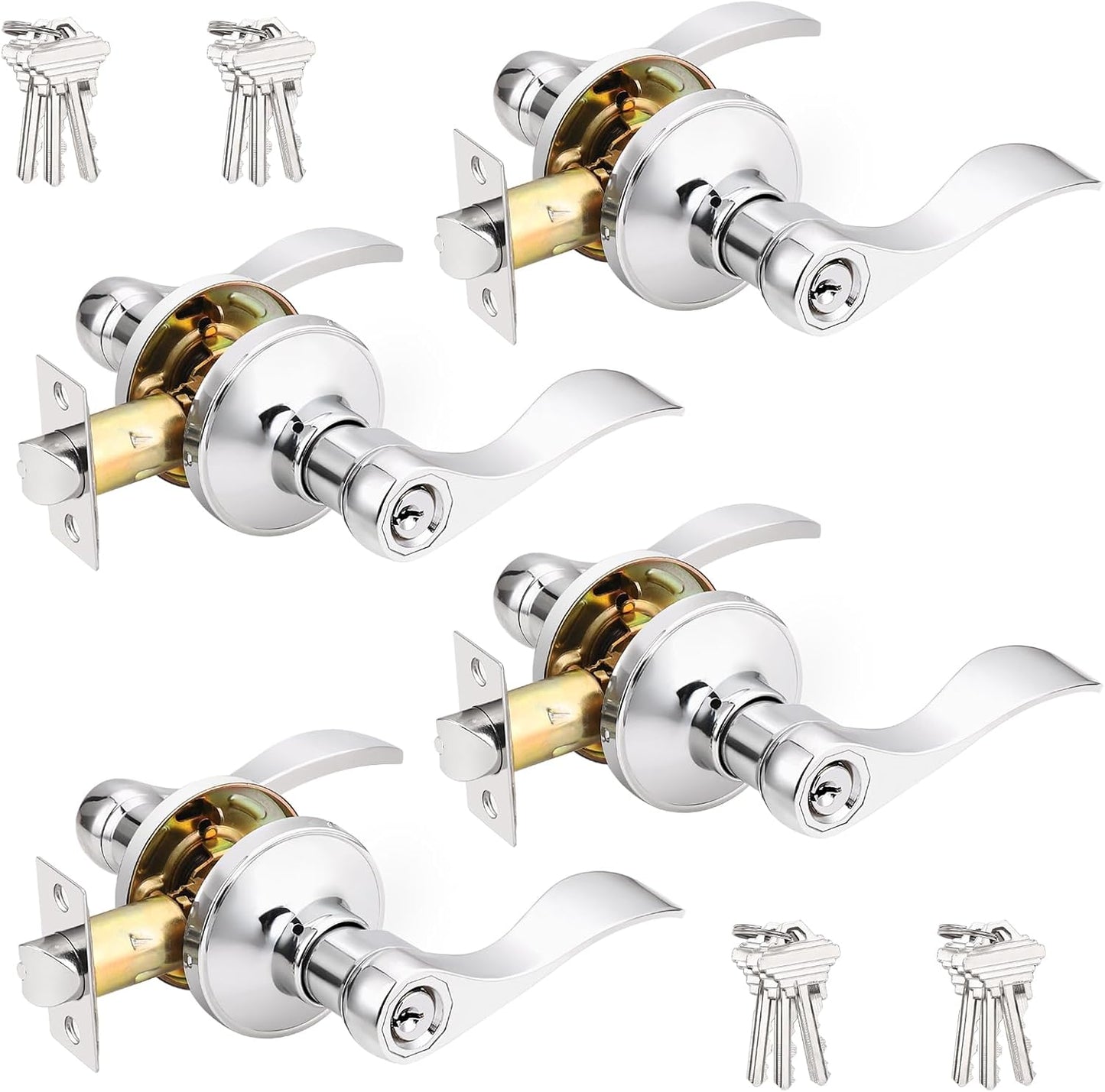 Probrico Polished Chrome Door Handles with Lock and Keys, 4 Pack
