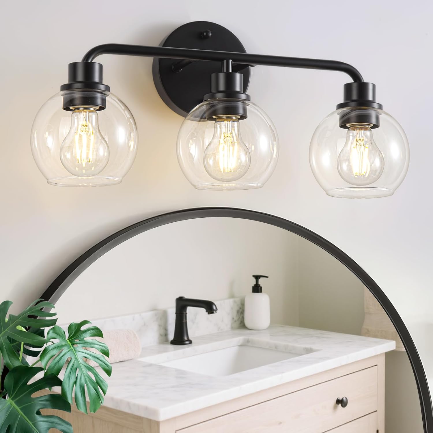Modern Black Bathroom Light Fixtures with Globe Glass Shades