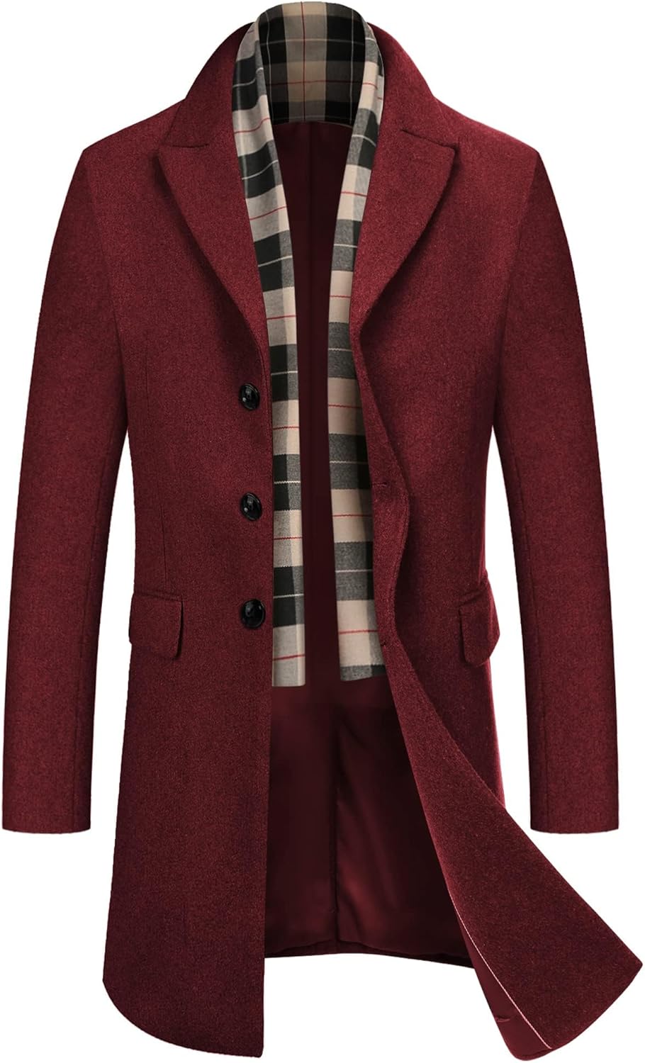 Stylish Men's Wool Blend Coat with Detachable Plaid Scarf