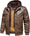 HOOD CREW Mens Stand Collar Faux Leather Bomber Jacket - Removable zip