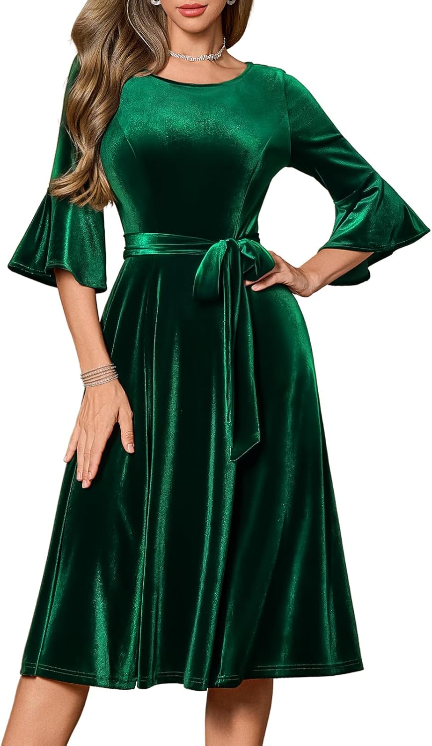 HomRain Women's Long Sleeve Velvet Midi Dress for Winter Events